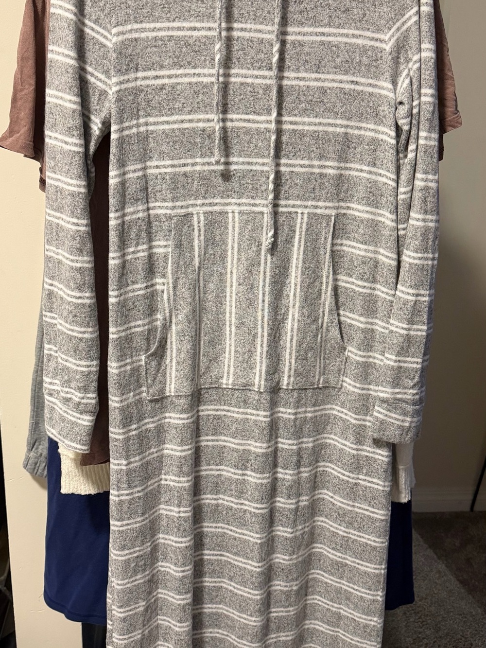 Le Lis Gray and White Striped Hooded Knit Dress